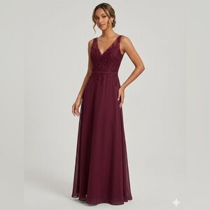 Morilee Madeline Gardner Elegant Burgundy Lace and Beaded Evening Gown Size 8
